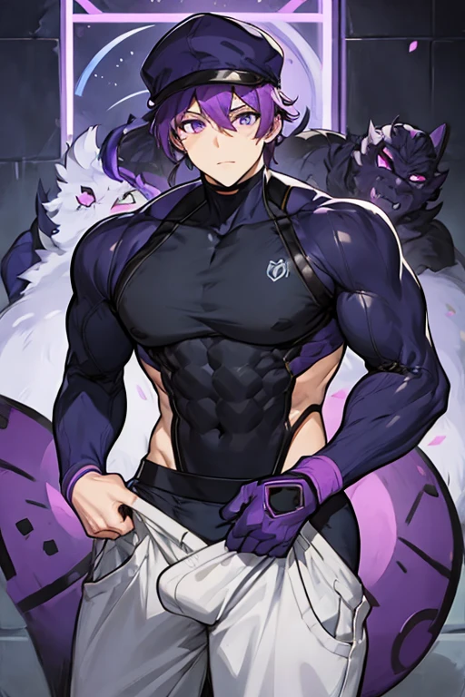 muscular robot man, PURPLE HAIR, black cap, purple eyes, gay