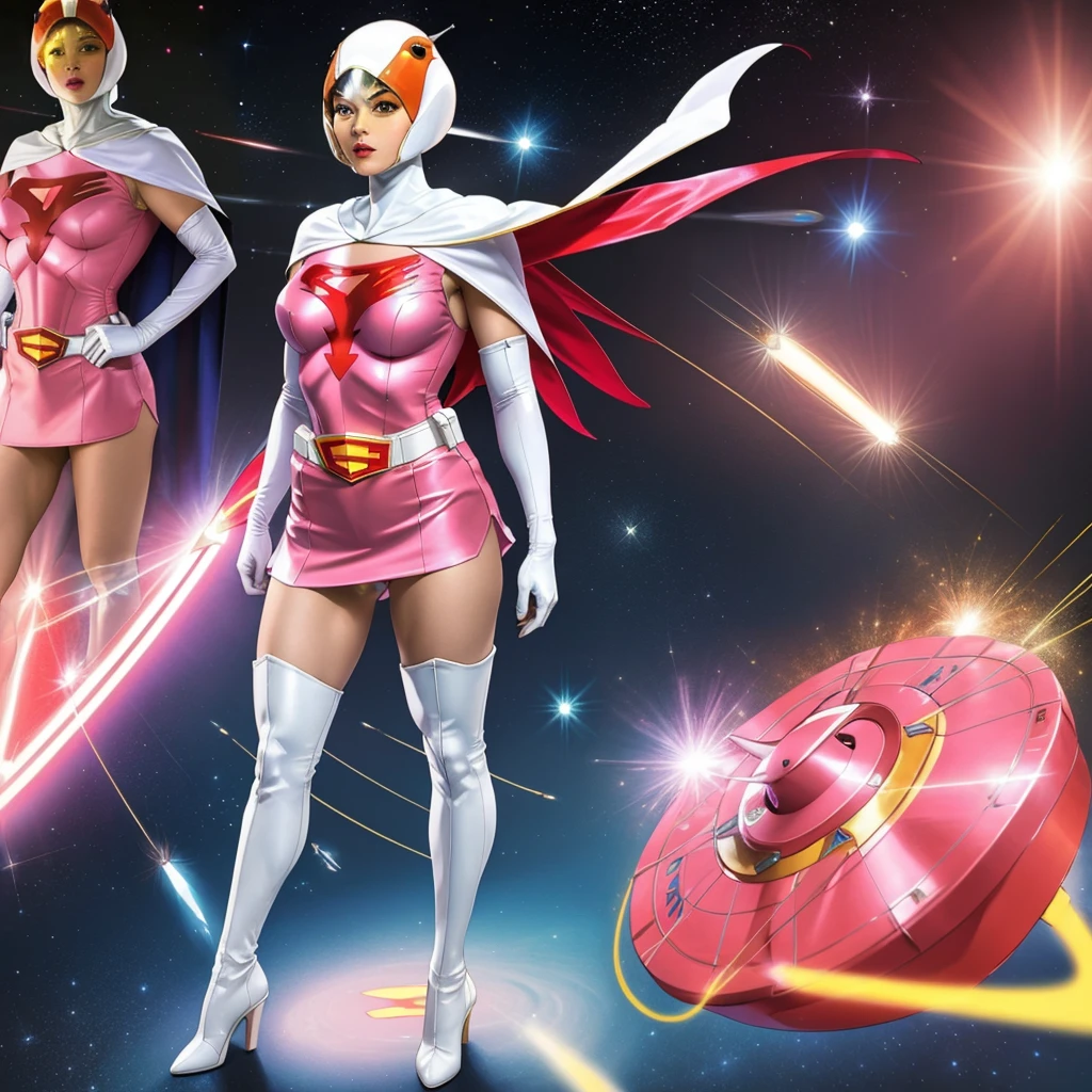ANI_CLASSIC_jun_gatchaman_ownwaifu,1girl, ,good anatomy, masterpiece, best quality,realistic, hyper realistic, 16k hdr, long hair,breasts,lips,large breasts,lipstick,makeup,gloves,cape,helmet,belt,elbow gloves,white gloves,mask,ultra miniskirt,leotard,spacesuit,white tight overknee highheels boots,pink dress,superhero,bodysuit,cleavage,erected nipples,(standing pose,front view),(spread legs:1.1),cameltoe