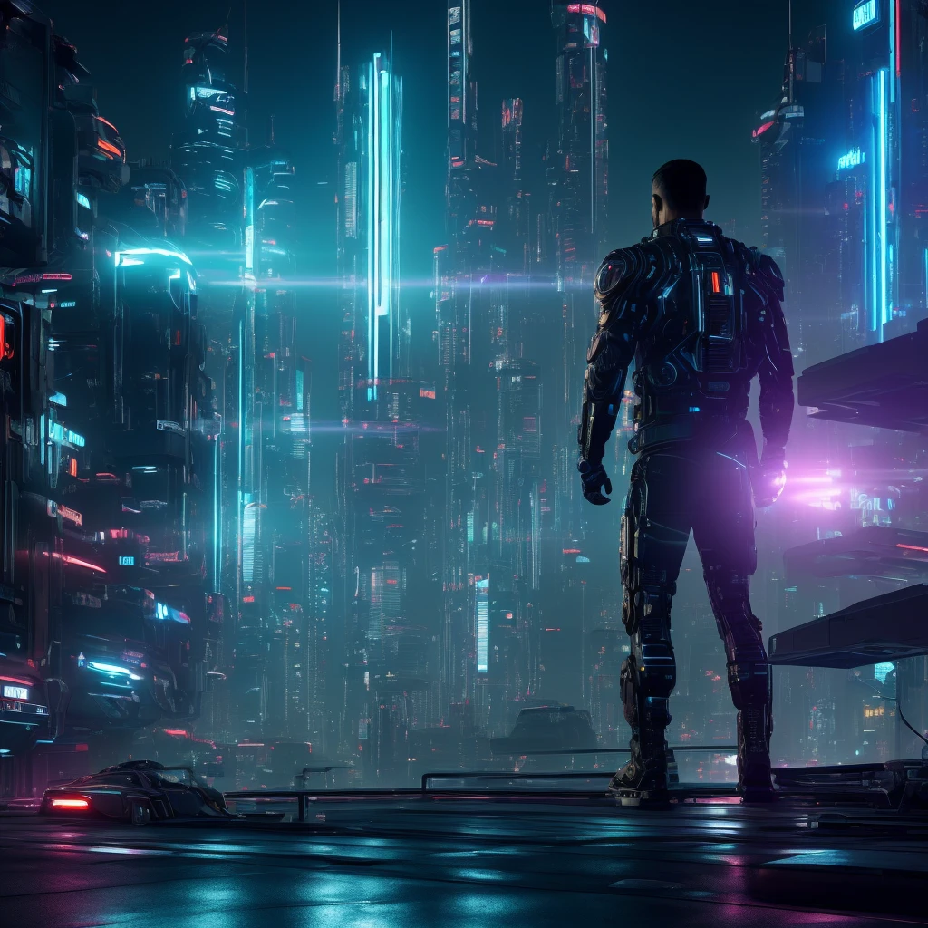 1 man in a futuristic cyberpunk setting, glowing cybernetic implants, intense gaze, muscular build, short dark hair, wearing black leather jacket and pants, complex circuitry and machinery, neon city skyline in background, cinematic lighting, dramatic shadows, magic super powers, bright theme. (best quality,4k,8k,highres,masterpiece:1.2),ultra-detailed,(realistic,photorealistic,photo-realistic:1.37),cinematic, sci-fi, concept art