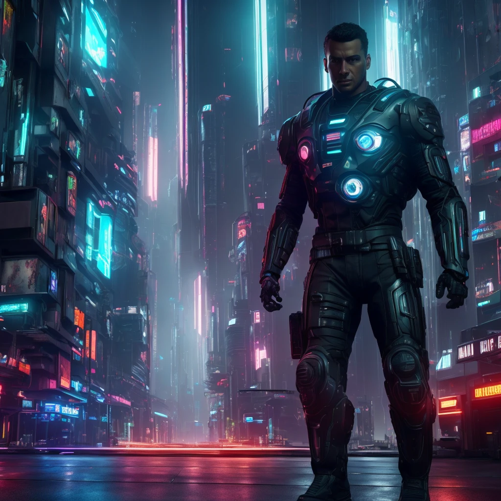 1 man in a futuristic cyberpunk setting, glowing cybernetic implants, intense gaze, muscular build, short dark hair, wearing black leather jacket and pants, complex circuitry and machinery, neon city skyline in background, cinematic lighting, dramatic shadows, magic super powers, bright theme. (best quality,4k,8k,highres,masterpiece:1.2),ultra-detailed,(realistic,photorealistic,photo-realistic:1.37),cinematic, sci-fi, concept art