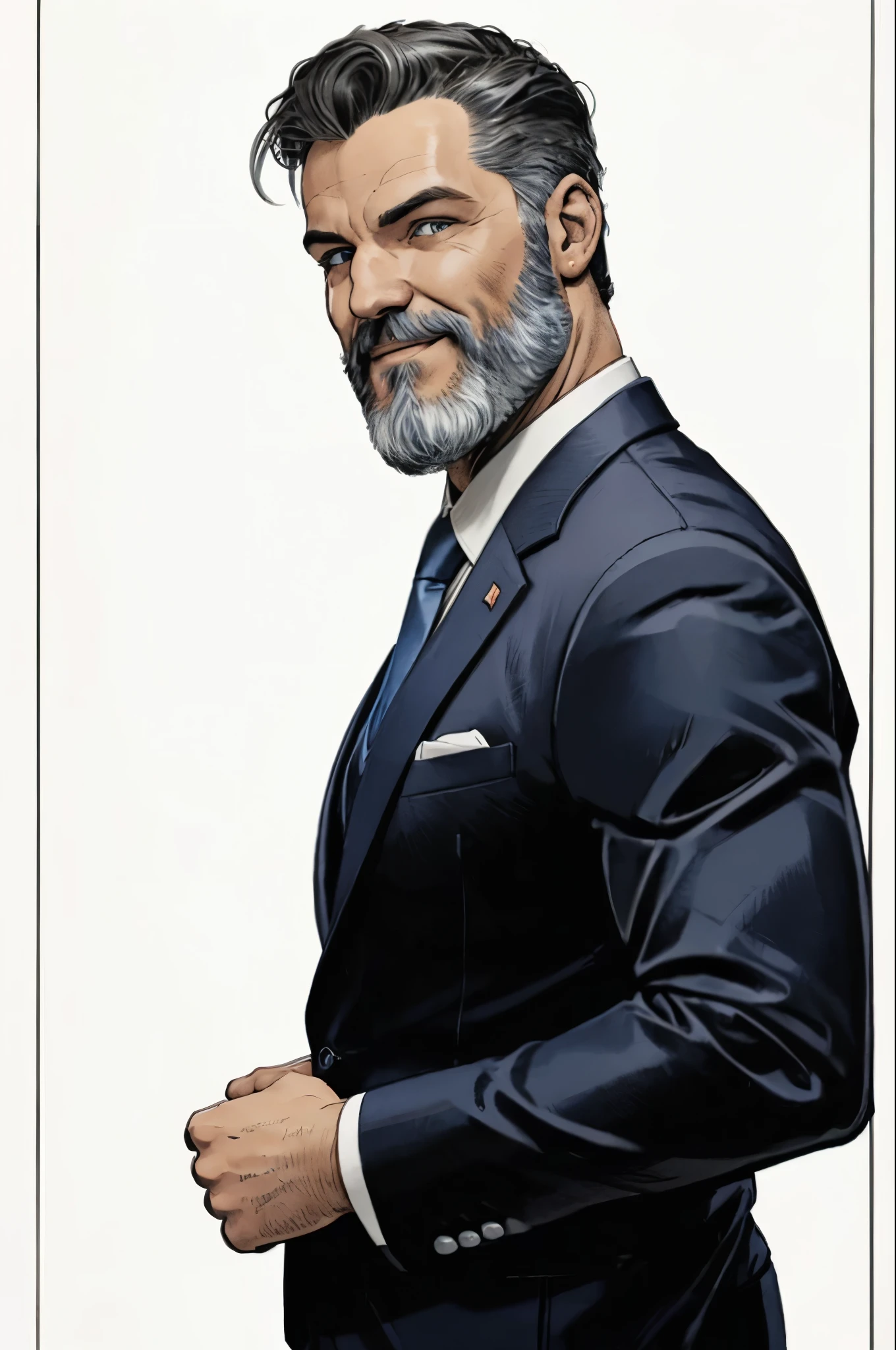 man looking at viewer,style marvel comics, side view, upper body, smiling,detailed white beard,detailed eyes,arms in pockets,short white haircut,wearing business suit,dark blue tie,gray pants,white background,masterpiece,photorealistic,ultra-detailed,vibrant colors
