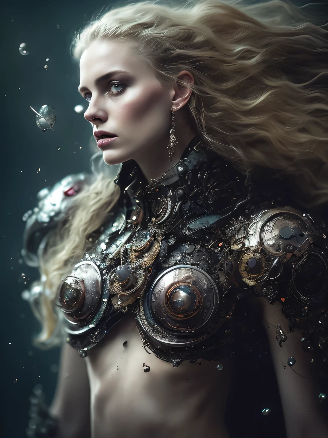 PEAR SHAPED BODY, full body portrait,blonde girl, WIDE HIPS,SMALL BREASTS, SMALL WAIST , full body woman creature surrounded by quantum particles, fractal view of calm in chaos art by Tim Burton dark art by by Jean Baptiste Monge, Alberto Seveso, Jeremy Mann;, Miki Asai Macro photography, close-up, hyper detailed, trending on artstation, sharp focus, studio photo, intricate details, highly detailed, by greg rutkowski Paul Kwon style, DENIS ZILBER style