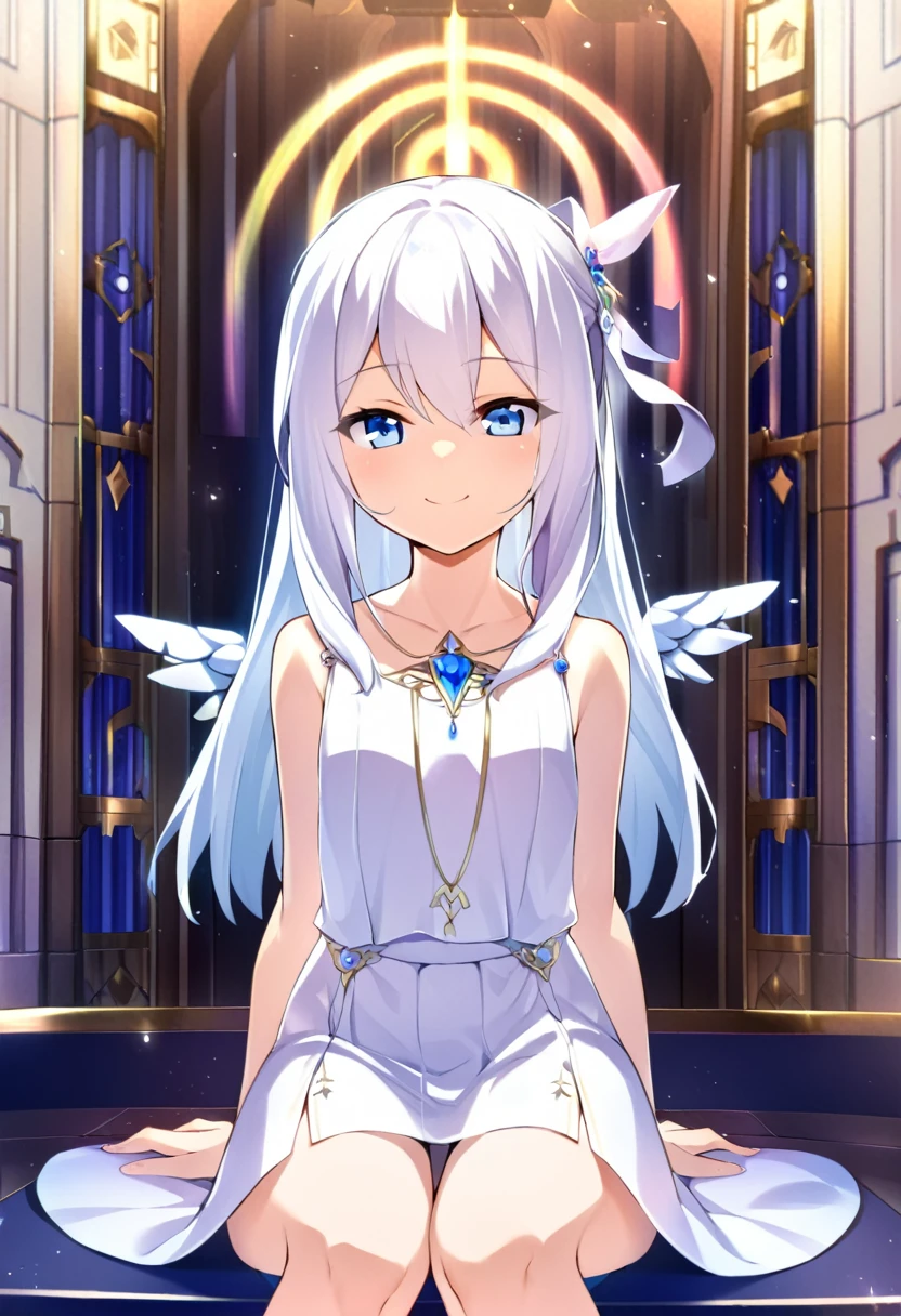 one girl, archangel, angel wing, angel ring, sacred, cute, naive, sitting, 13 years old, beautiful, light blue eyes, white dress, white hair, smile gently at me, thighs