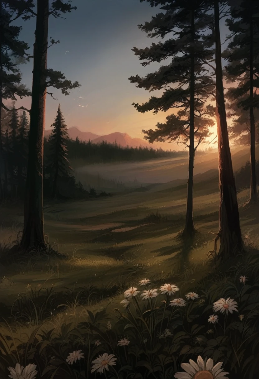 Create a real photograph of a foggy forest at sunset and a daisy glowing in the dark 