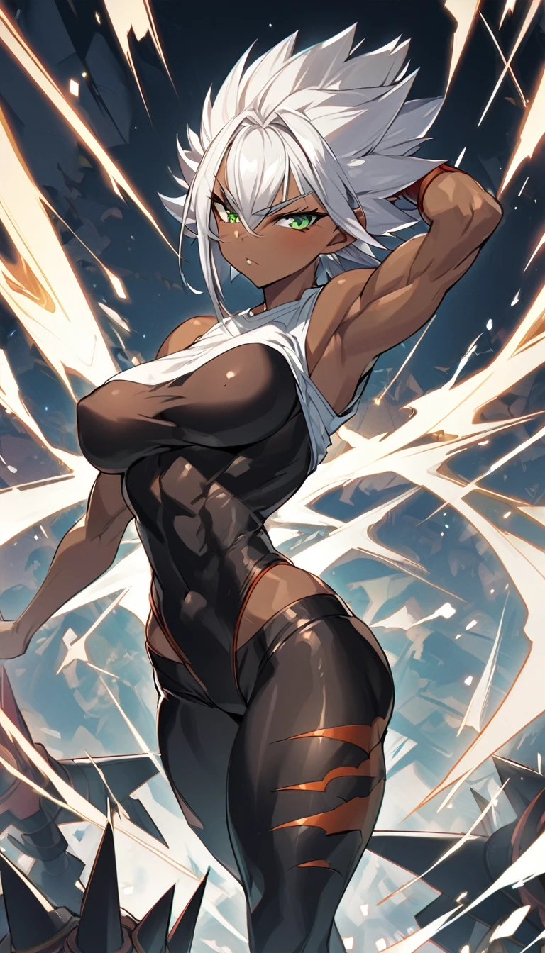 a girl, Saiyan, spiky white hair, green eyes, ripped muscles, thin waist, wide hips, dark skin, medium breasts, skintight clothes, white t-shirt, black pants