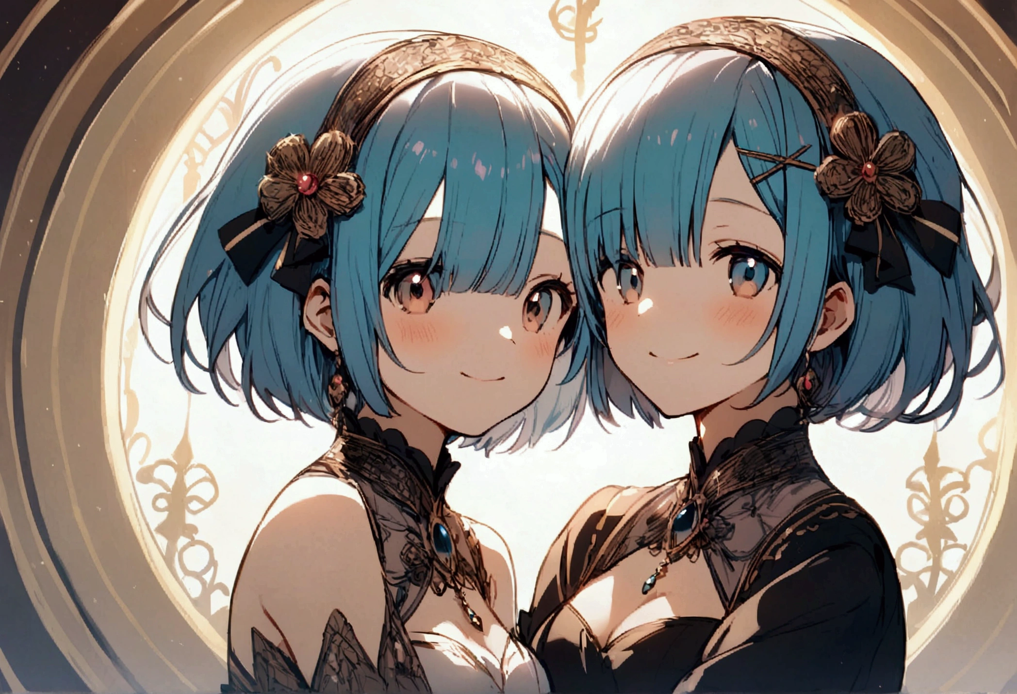 Rem and Ram, smiling, they are hugging each other