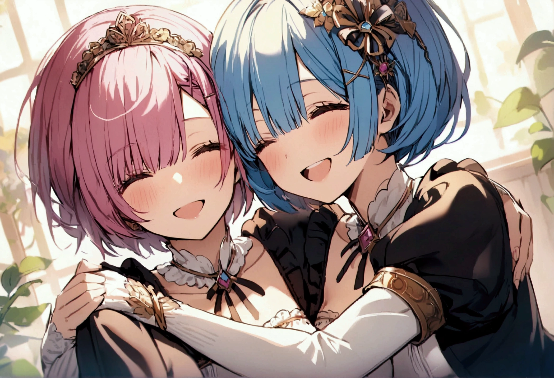 Rem and Ram, smiling, they are hugging each other