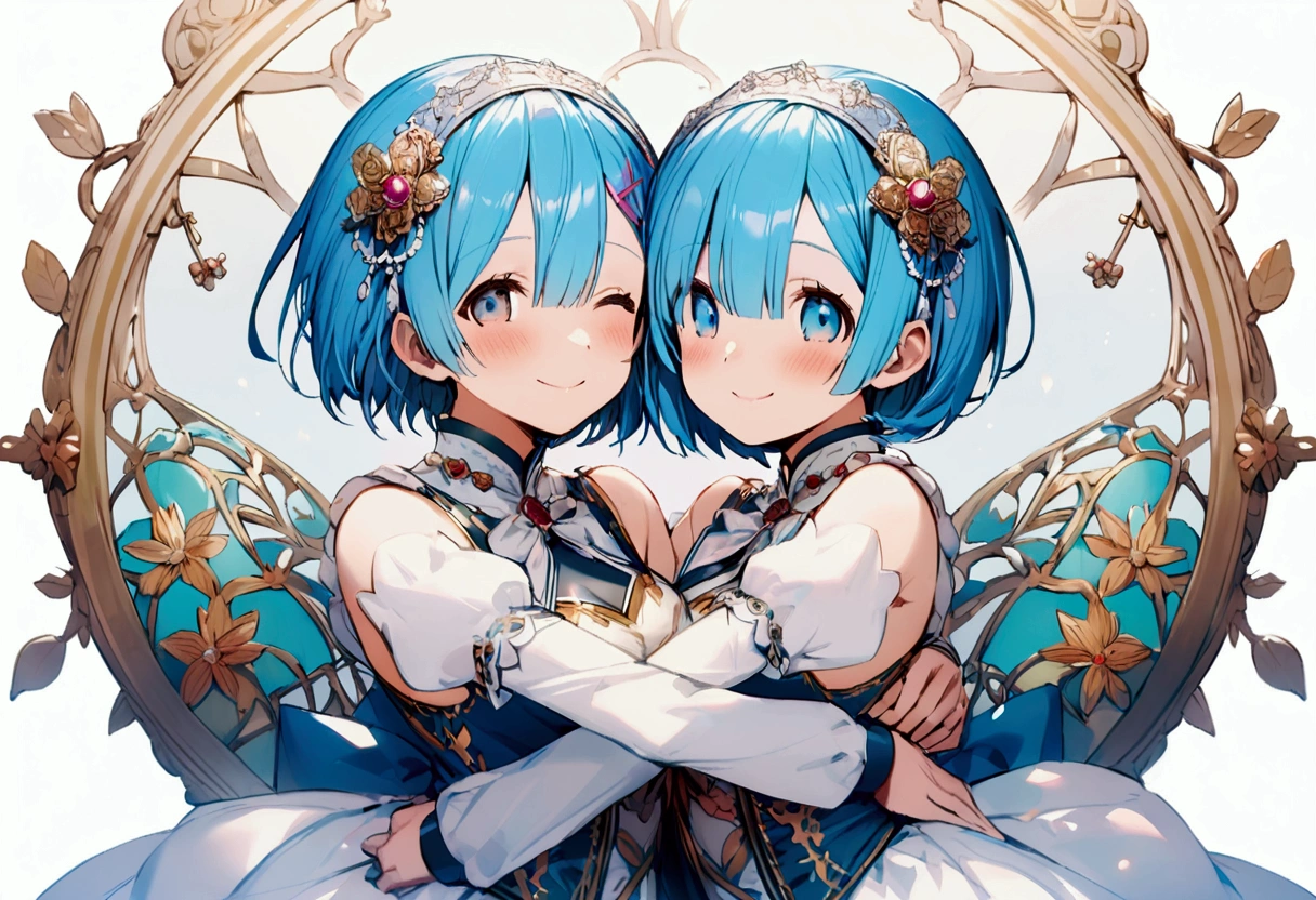 Rem and Ram, smiling, they are hugging each other