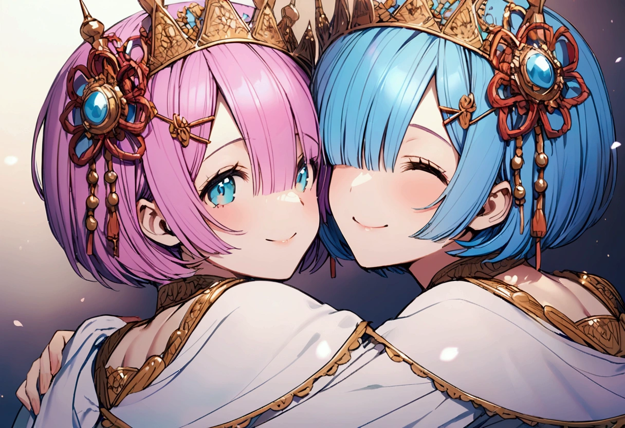 Rem and Ram, smiling, they are hugging each other