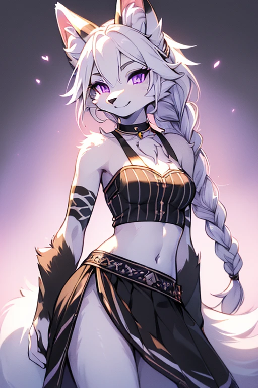 ( Absurdly , High quality , ultra detailed ) ,( hand detailed ) , 1girl, solo, mature, absurdres(highly detailed beautiful face and eyes)perfect anatomy Solo, Young Female white fox-cat (((lean-body))) (((small breasts))) (short snout),(((fur (black stripe) between neck and shoulder towards chest))) ((fur (black stripes) on waist))(ears are darker), ((violet eyes)), (cat tail (black at end)), (white hair (single-braided)), ((female fox cat)), (detailed eyes), (clevedge, (collarbone, shoulders), (solo, (1girl)) ((((fluffy white fur)))), white hands, ((extremely detailed fur)) ((hair in face)) (big braid), (thin long tail) (extremely detailed eyes), white hands, happy, mini skirt, strapless crop top, belly 