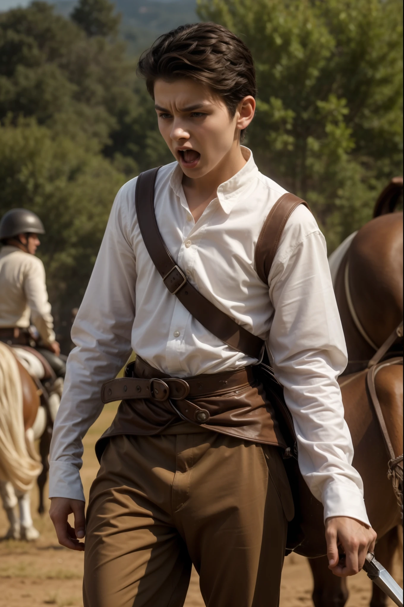 A cute male twink with a face with make-up and black hair. He is wearing a long-sleeved white shirt and brown pants. He is riding a horse and is on the battlefield fighting against the army. He has a sword in his hand and he is holding a shield and he is screaming angrily.