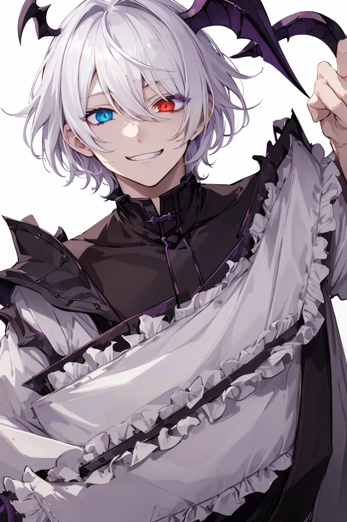 1 boy、A white-haired、purplish white eyeaniacal grin、short messy hair、Portrait 、handsome 、heterochromia 、hair covering right eye、Evil grin、dark