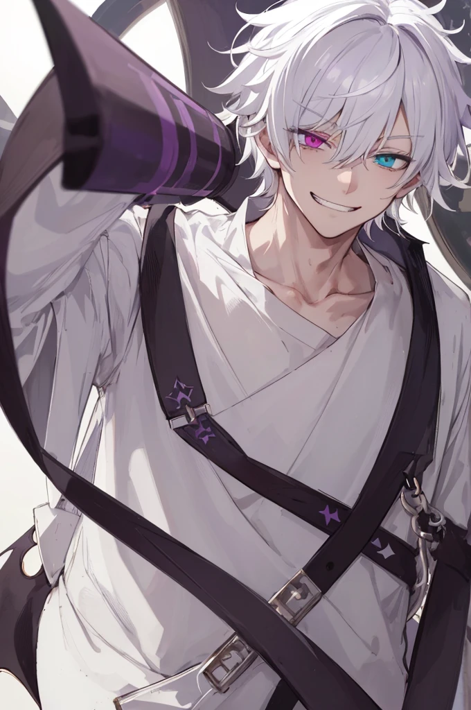 1 boy、A white-haired、purplish white eyeaniacal grin、short messy hair、Portrait 、handsome 、heterochromia 、hair covering right eye、Evil grin、dark