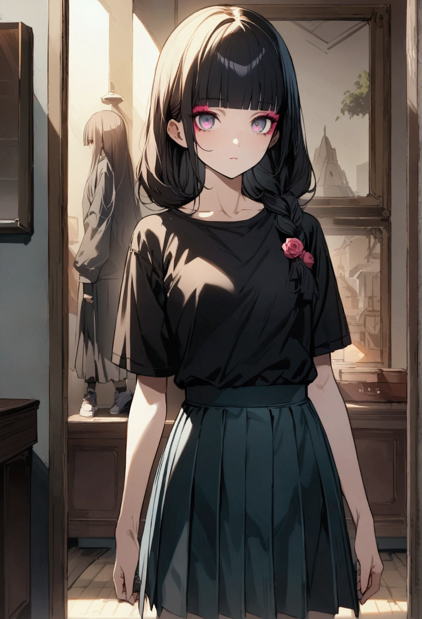 super fine illustration,(((beautiful fine hair))),(((beautiful fine face))),(((beautiful fine background))),2人のgirl、Buckshot、Bobcut、Black Hair、Blunt Bangs、PC in the room、Horizontal composition、Step Piece、Highest quality、Best illustration、Super detailed、girl、Pink Rose Long Hair、Black Shirt、Pleated skirt、Side braided hair、、standing with an eerie feeling、Ruined Background、Unusual sneakers、Eyeshadow on eyes、Unusual eye color、Eyes of Terror、Bright eyes、Cool Shot
