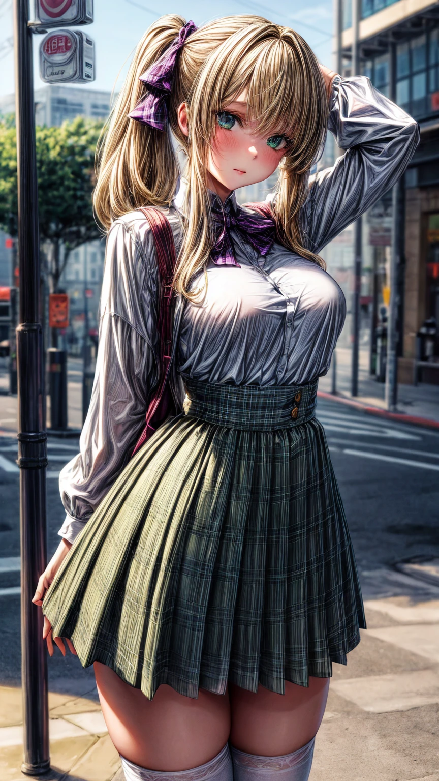 1girl,masterpiece,best quality,blonde hair,(ponytails),green eyes,(white stockings),(purple plaid skirt),short skirt,standing,in full length,medium breasts,white t shirt,in front of streets,extremely detailed,[[realistic]],beautiful alluring anime teen,seductive anime girl,waving skirt