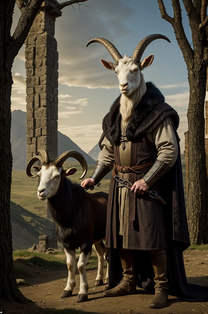 Setting set in medieval times.
Creature with the head of a goat with dark fur and the body of a human being, the creature is very slim the size of an oak tree, with thick and sharp horns dressed in old and torn clothes