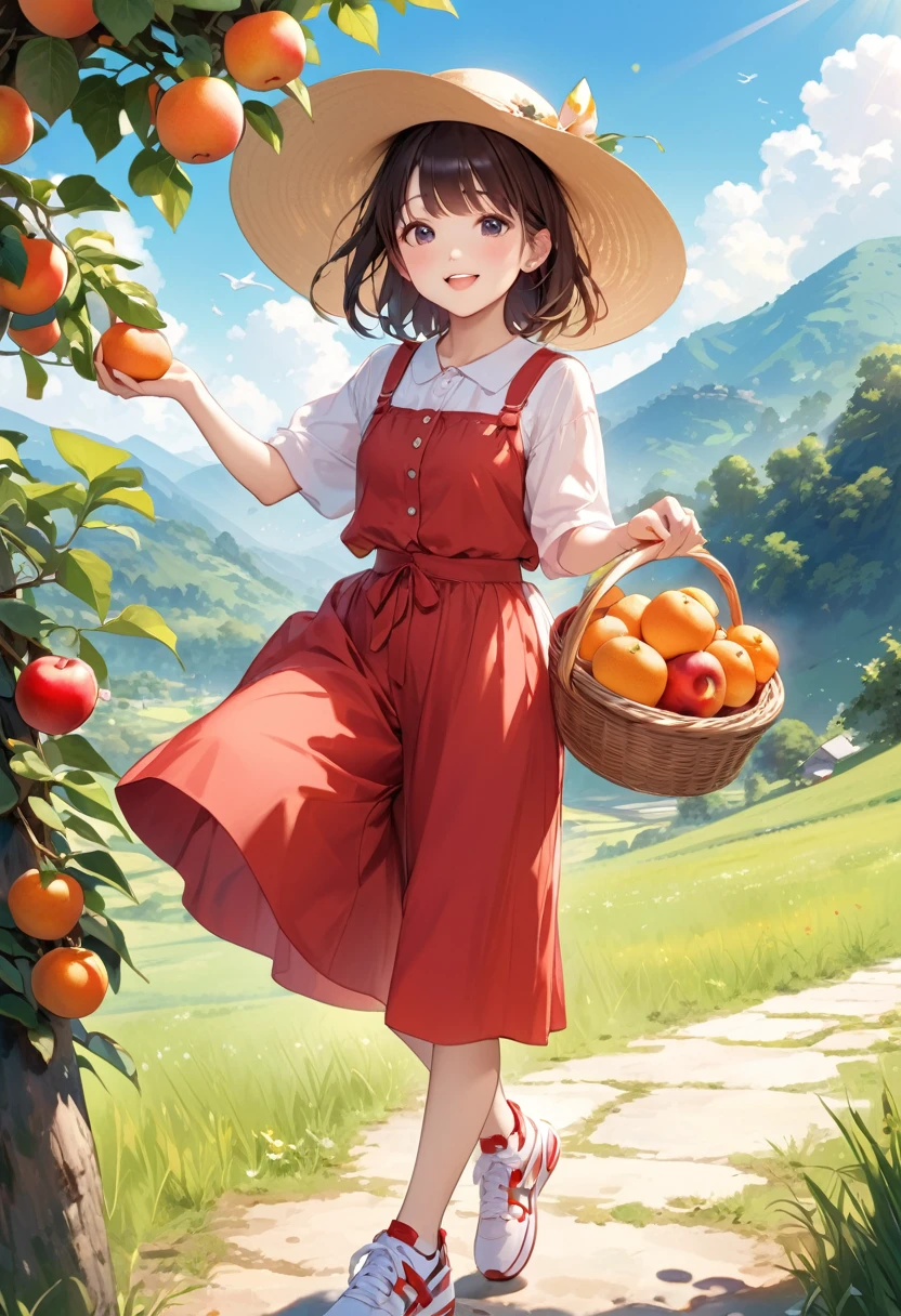 Highest quality、High resolution、Detailed Background、Beautiful face in every detail、Teenage beauty、Highly detailed face、
Light color hair、cute髪型、Fun atmosphere、A big smile、Apple、mandarin orange、peach、Grape、On top of a hill with a blue sky、wood々The sunlight shines through、I found some ripe red fruit.、Holding hands with friends、wood登りして高い枝から、甘い香りのGrapeを摘む、
A fun time filled with smiles、Summer memories: Fruit picking、Under the blue sky、Run around、Apple、mandarin orange、peachを集めた、I had a great time、A memorable summer day、
A flared dress made of lightweight material、Flared skirts and culottes、Flat or sports sandals、sneakers、Caps and hats that are easy to crush、The color is red, reminiscent of fruit.、yellow、orange、Green etc.、cute
