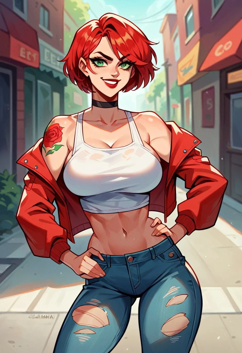 ((best quality)), ((8k)) beautiful woman, ((caucasian skin)), red hair, short hair, jacket, black cropped, ripped jeans, posing, sensual, ((streets)), red lipstick, black choker, green eyes, evil smile, portrait, busty, arms tattoo,