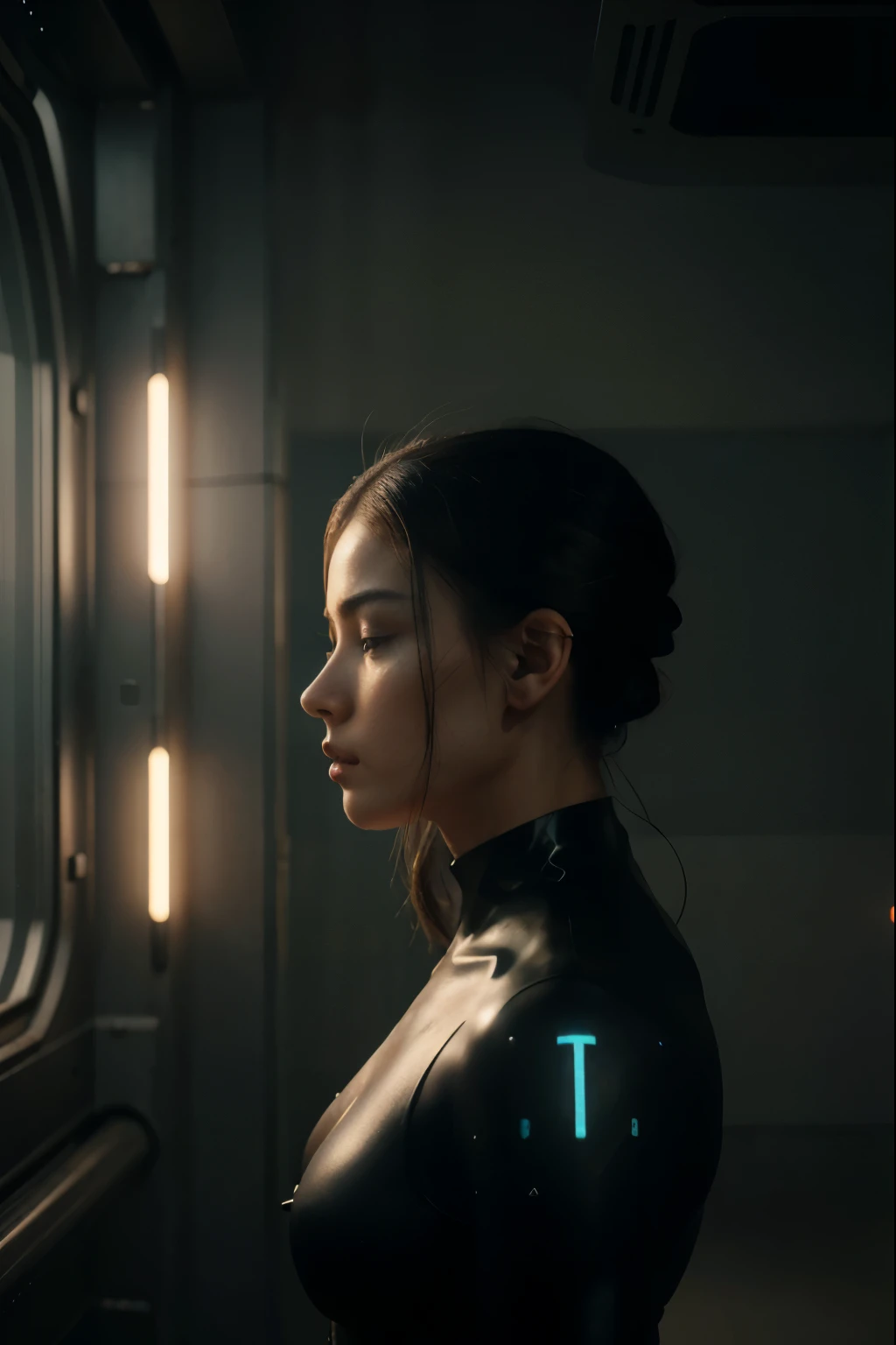 A cinematic photograph, realistic skin, highly detailed, inspiring, vibrant lighting, the angle is dramatic. The posture and the mysterious, ultra-realistic environment.
In a futuristic, dystopian, cyberpunk temple, a beautiful young woman meditates, she is dressed in the energetic mist generated by her own meditation.