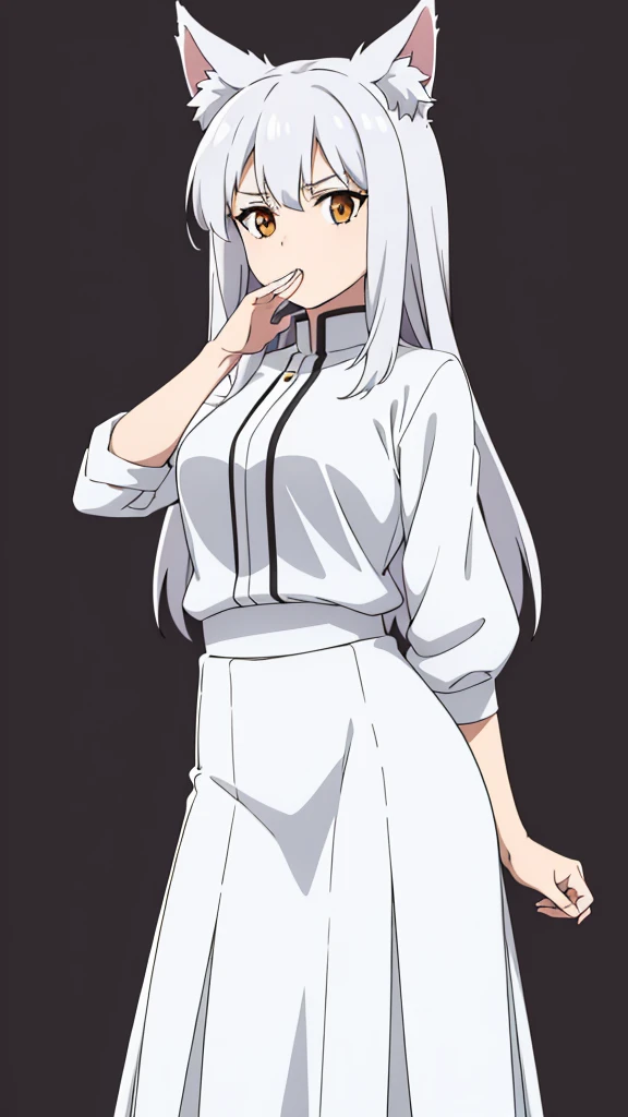 1girl ,solo,20s,mature female,white hair,long hair,fox ears,(simple background),white shirt,white skirt,ojou-sama pose
