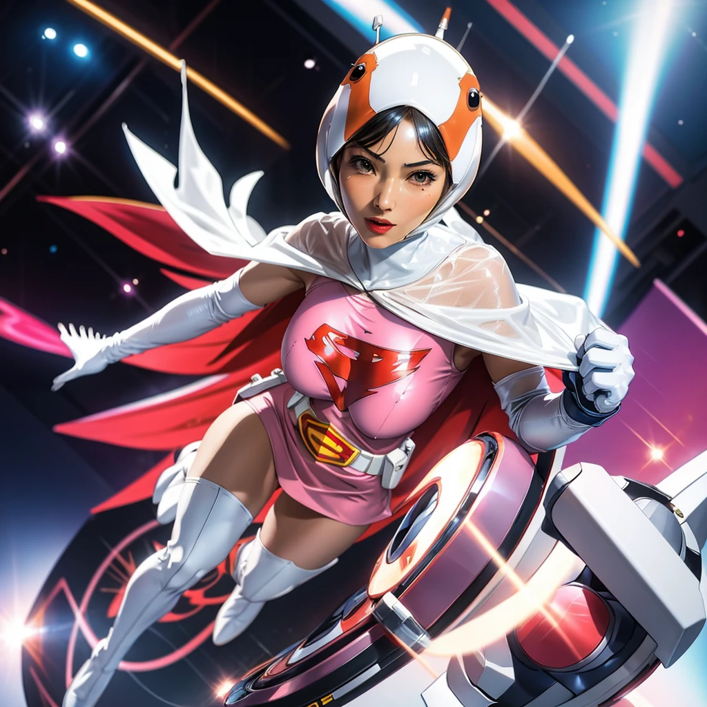 ANI_CLASSIC_jun_gatchaman_ownwaifu,1girl, 15yo,good anatomy, masterpiece, best quality,realistic, hyper realistic, 16k hdr, long hair,breasts,lips,large breasts,lipstick,makeup,gloves,cape,helmet,belt,elbow gloves,white gloves,mask,ultra miniskirt,leotard,spacesuit,white tight overknee highheels boots,pink dress,superhero,bodysuit,cleavage,erected nipples,(fighting poses),cameltoe