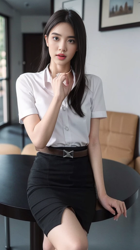 (Masterpiece, best quality, alone, รายละเอียดที่complicated, Chromatic aberration), realistic, ((Moderate breath)), hair in one eye,purple eyes, Round hoop earrings 8 cm., sharp eyes, choker, (symmetrical eyes),(Perfect symmetrical body),Photo of a beautiful 21 year old age girl.,(fit the body), Beautiful and charming with contemporary fashion paintings as well.., looking at the audience, ((Behind the main meeting room)), (black short skirt), (Wear a fitted blue lab coat over a fitted lab coat., white short sleeve shirt., Unbuttoning the buttons, เผยหน้าอกsmallน้อย..), (blue lab coat ),((A short black pencil skirt with a deep slit on the side...)), sugar belt, ((Put your hands down.)),Blue blonde hair, Bob, long hair, Side flatness,round chin, Art lens 85mm, Sharp focus, High resolution 8K, Crazy details, complicated, elegant,sitting on the study table Lift one leg to eye level.., ขาออกจากกันsmallน้อย.,dynamic gesture,small