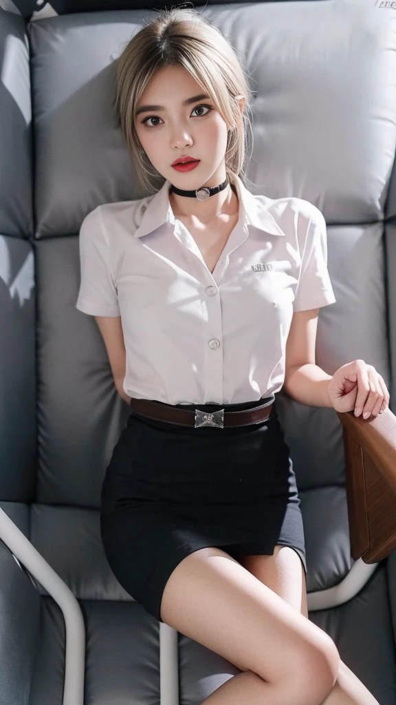 (Masterpiece, best quality, alone, รายละเอียดที่complicated, Chromatic aberration), realistic, ((Moderate breath)), hair in one eye,purple eyes, Round hoop earrings 8 cm., sharp eyes, choker, (symmetrical eyes),(Perfect symmetrical body),Photo of a beautiful 21 year old teenage girl.,(fit the body), Beautiful and charming with contemporary fashion paintings as well.., looking at the audience, ((Behind the main meeting room)), (black short skirt), (Wear a fitted blue lab coat over a fitted lab coat., white short sleeve shirt., Unbuttoning the buttons, เผยหน้าอกsmallน้อย..), (blue lab coat ),((A short black pencil skirt with a deep slit on the side...)), sugar belt, ((Put your hands down.)),Blue blonde hair, Bob, long hair, Side flatness,round chin, Art lens 85mm, Sharp focus, High resolution 8K, Crazy details, complicated, elegant,sitting on the study table Lift one leg to eye level.., ขาออกจากกันsmallน้อย.,dynamic gesture,small