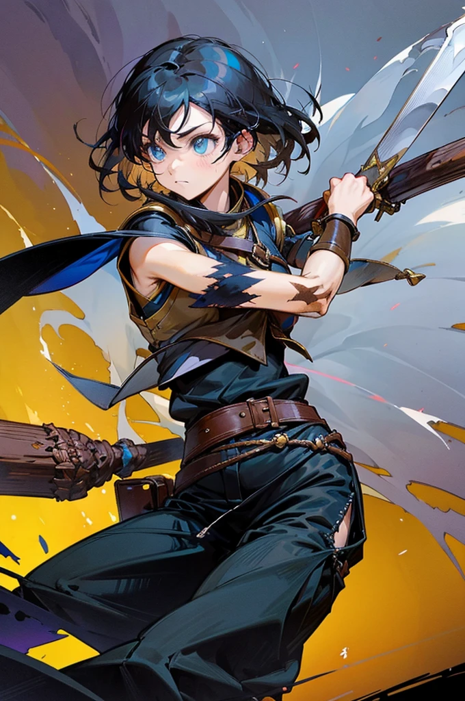 Medieval traveler, ANIME DASH, black hair and white highlights, blue colored eyes, scars, black sleeveless blouse, dark pants, brown buckle on body, sword in sheath.