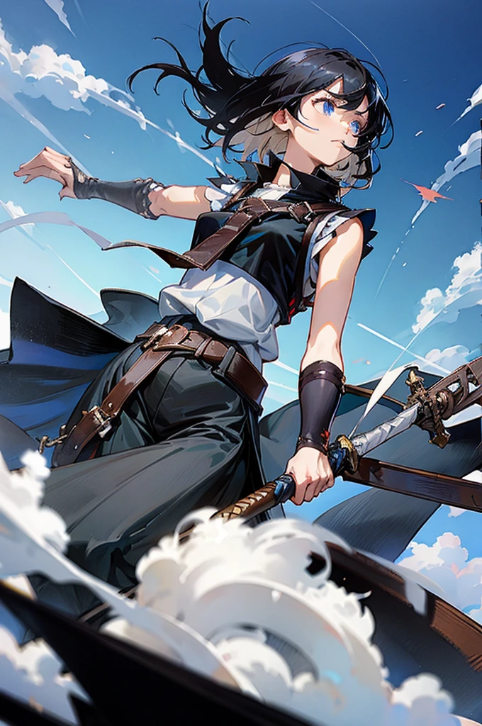 Medieval traveler, ANIME DASH, black hair and white highlights, blue colored eyes, scars, black sleeveless blouse, dark pants, brown buckle on body, sword in sheath.