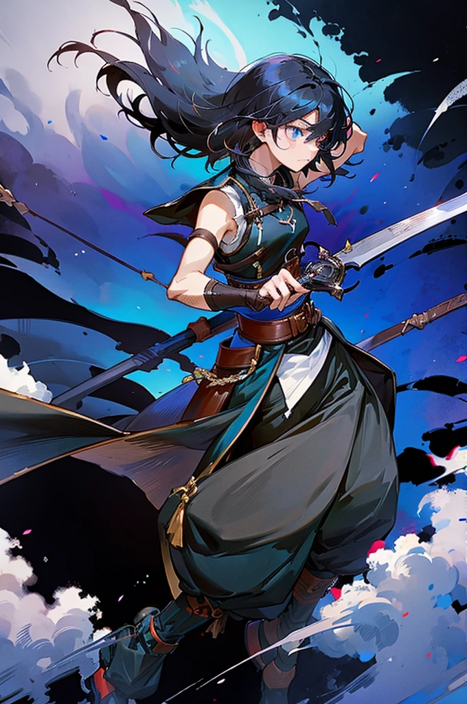 Medieval traveler, ANIME DASH, black hair and white highlights, blue colored eyes, scars, black sleeveless blouse, dark pants, brown buckle on body, sword in sheath.