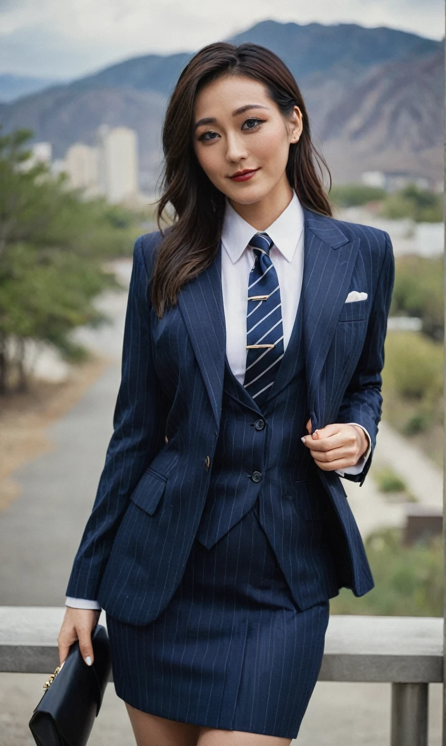 a beautiful picture of fukuharaXL ,woman,detailed skin texture,masterpiece, photorealistic, light, RAW color photo,(fully in frame:1.1), (blush:0.5), (goosebumps:0.5),(((navy pinstripe silk skirt suit))), (((three-piece suit))), (((blue dress shirt with white collar))), (((necktie))), (((blazer))), (((suit jacket))), ((waistcoat)), double-breasted waistcoat, (((bodycon miniskirt))), pocket square, cufflinks, tie clip,detailed face,outdoors, (smile:0.5), film grain,cinematic lightning,fujifilm ,detailed eyes,camera, smile, office background, hair down, makeup, lipstick, mascara, eyeliner, eyeshadow, silky glossy hair, high heels, pinup pose