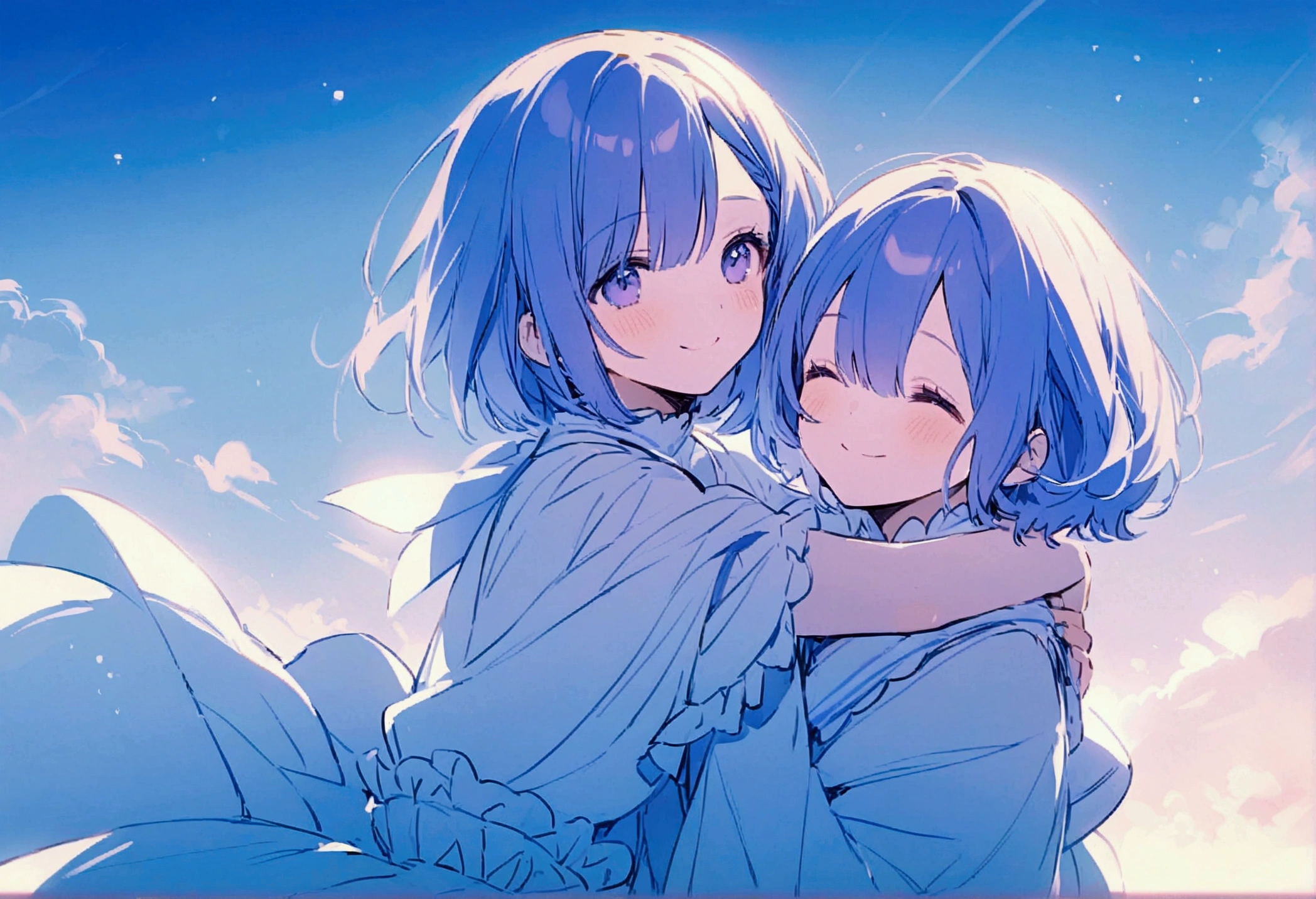Rem and Ram, smiling, they are hugging each other, blue and purple theme, sky theme.