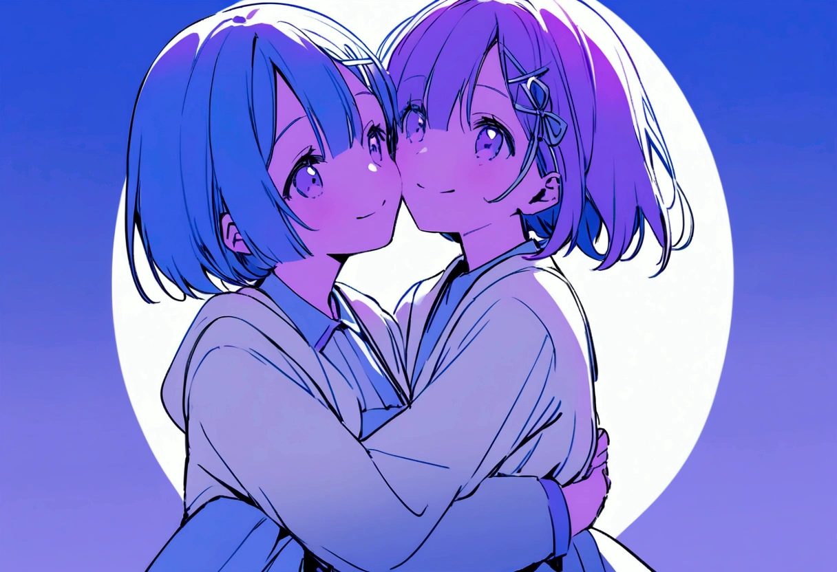 Rem and Ram, smiling, they are hugging each other, blue and purple theme, sky theme.