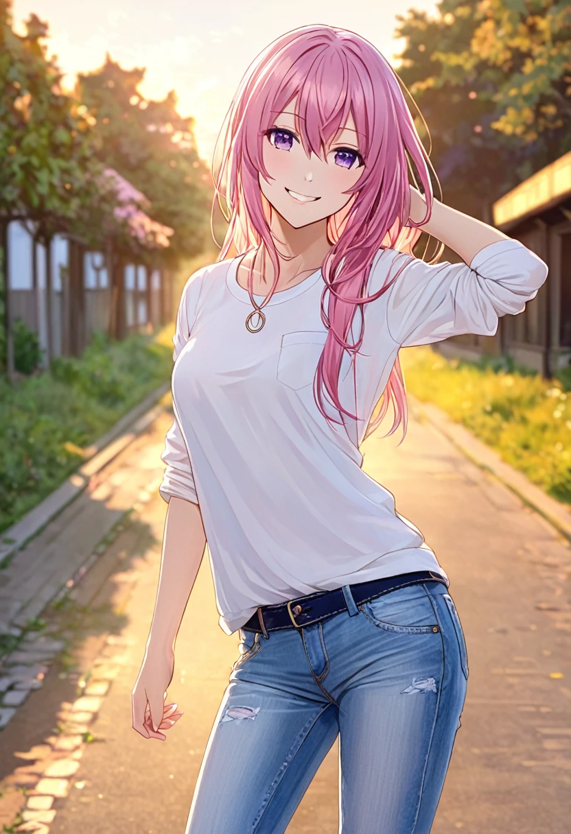 Megurine Luka smile casual clothes jeans pants colored morning peace upper body