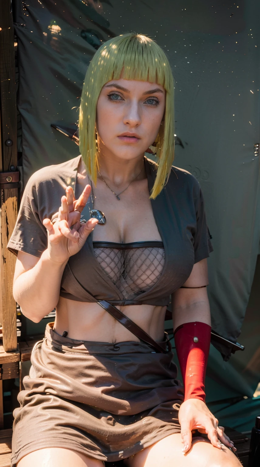 Masterpiece, Best quality,, (photorealistic1.4), (UHD), (epiCRealLife), (flashphoto),, (photorealistic1.4), (blonde hair Keira Knightley), (outdoor), (big breasts), (cleavage), (NarutoSamui costume), (Keira Knightley in a Japanese temple), (night time), (beautiful landscape), (samui black kimono), (red arm vambraces), (Samui White Waist Pad),(cowboy shots), (Keira Knightley look at viewers), (samui, blue eyes, short hair, bangs, blunt bangs, fishnets, dress, grey dress, skirt, grey skirt, (looking at viewers), (Keira Knightley sitting on rock), (look at viewers), (close up)