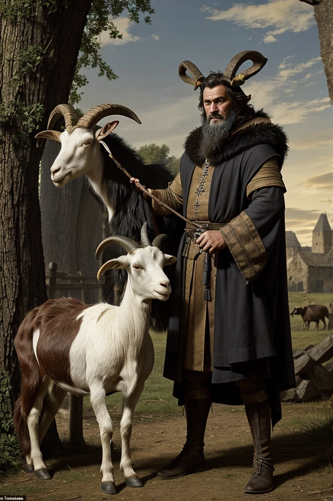 Setting set in medieval times.
Creature with the head of a goat with dark fur and the body of a human being, the creature is very delegated and old, It is the size of an oak tree, with thick and sharp horns dressed in old and torn clothes