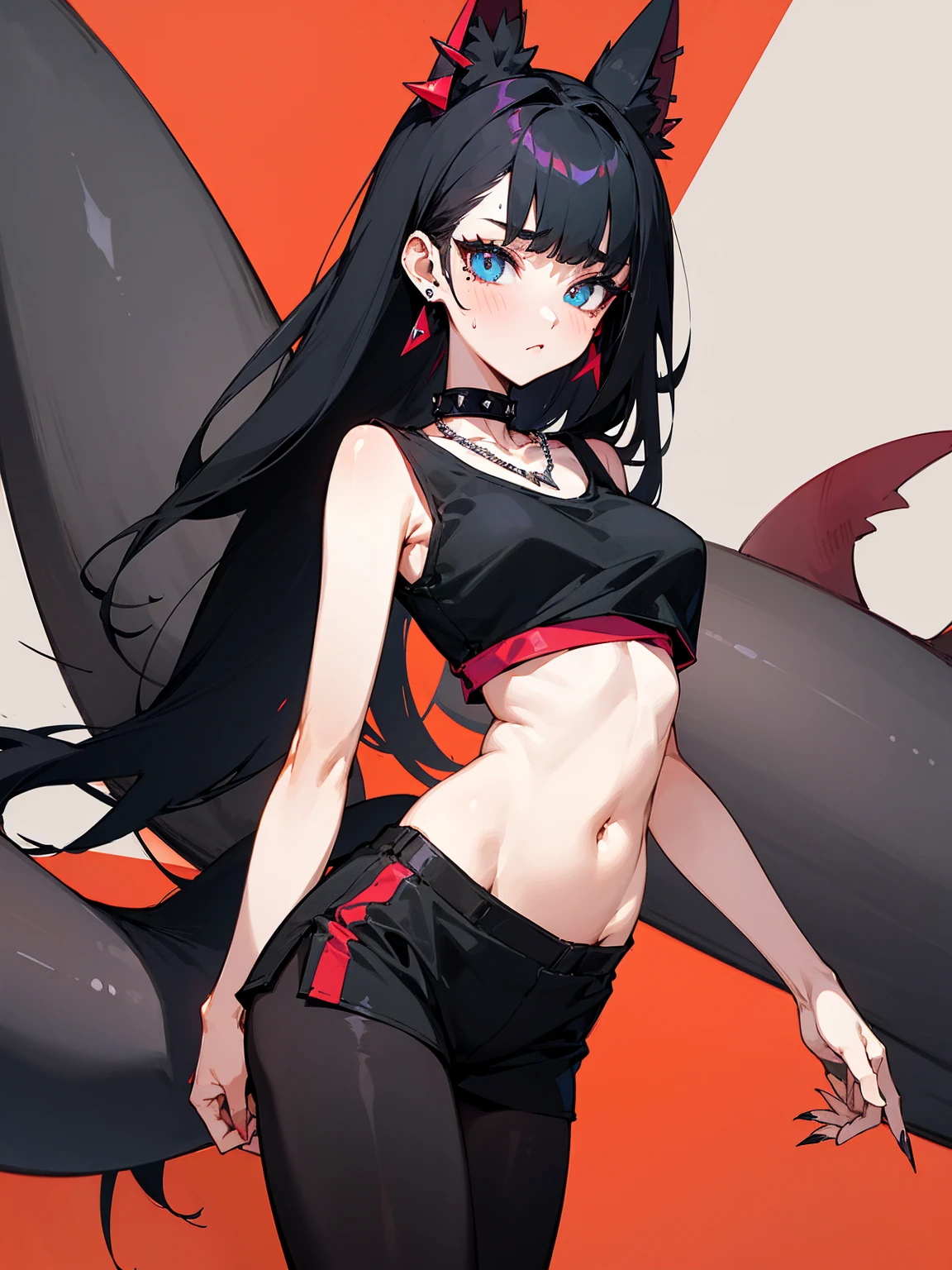 ((Long Straight Black hair)), Perfect face, Choker, Punk earrings, ((Tall)), ((High Quality)), Necklace, ((Mature)), Pretty Eyes, Sharp Nails, Bangs, ((1 Girl)), ((Multiple Earrings)), 1 girl, Spiky Earrings, Adult, Spiked Collar, Thin Eyelashes, Plain Background, Red Colors in Background, Shark Girl, Long Tail, Large Tail, Massive Tail, Shark Tail, ((Sweatpants)), ((Loose Crop Top)), Close Up, Very Short Mini Skirt, Tall, Long Legs, Dynamic Pose, Black Tail, 2 moles under left eye, Wide Hips, Pantyhose, Vibrant Colors, Close Up, Sexy, Suggestive, Sexually Suggestive,