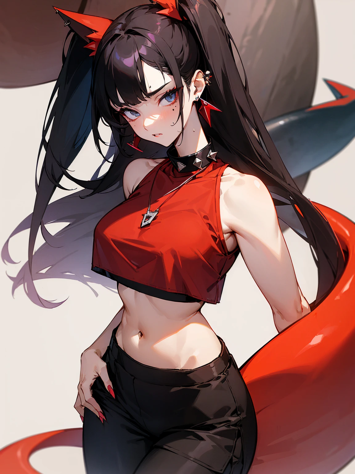 ((Long Straight Black hair)), Perfect face, Choker, Punk earrings, ((Tall)), ((High Quality)), Necklace, ((Mature)), Pretty Eyes, Sharp Nails, Bangs, ((1 Girl)), ((Multiple Earrings)), 1 girl, Spiky Earrings, Adult, Spiked Collar, Thin Eyelashes, Plain Background, Red Colors in Background, Shark Girl, Long Tail, Large Tail, Massive Tail, Shark Tail, ((Sweatpants)), ((Loose Crop Top)), Close Up, Very Short Mini Skirt, Tall, Long Legs, Dynamic Pose, Black Tail, 2 moles under left eye, Wide Hips, Pantyhose, Vibrant Colors, Close Up, Sexy, Suggestive, Sexually Suggestive,