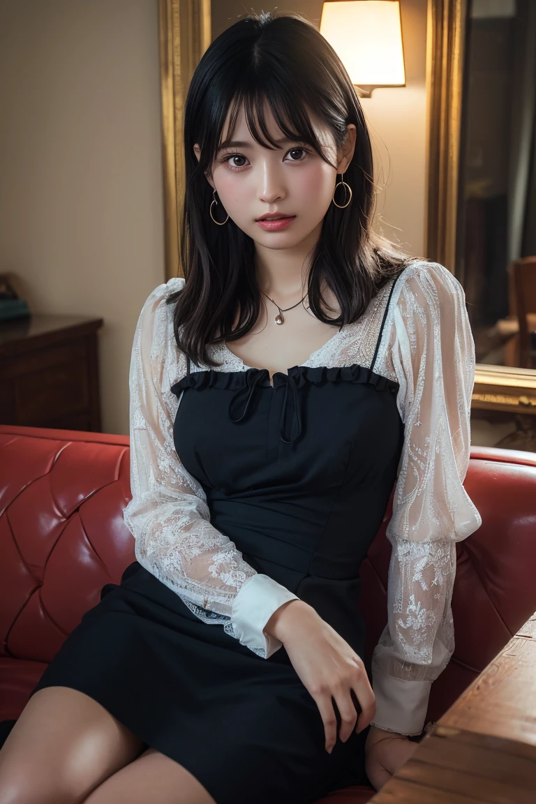 (Highest quality:1.4),(masterpiece:1.4),(Realistic:1.4),(Realistic:1.2),(超High resolution, RAW Photos:1.4),(High resolution, Ultra-detailed:1.2),(8k:1.2),View your viewers,Cinematic photography,One girl,skeletally correct,Black-haired woman,(Small earrings,necklace,dress,ロングdress,race, Frills, Long sleeve,Beautiful body lines,View from the front),(Western-style building interior,Dimly lit room,The lamplight shines on my cheeks,Sit on the sofa)