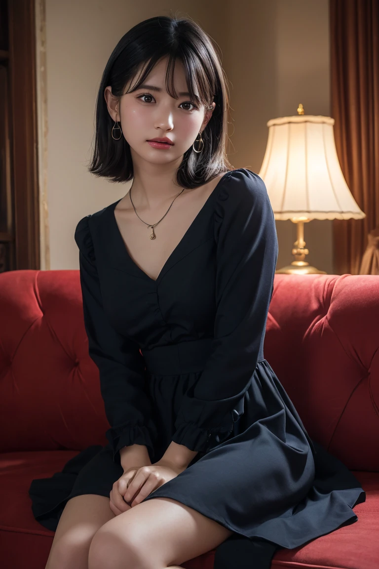 (Highest quality:1.4),(masterpiece:1.4),(Realistic:1.4),(Realistic:1.2),(超High resolution, RAW Photos:1.4),(High resolution, Ultra-detailed:1.2),(8k:1.2),View your viewers,Cinematic photography,One girl,skeletally correct,Black-haired woman,(Small earrings,necklace,dress,ロングdress,race, Frills, Long sleeve,Beautiful body lines,View from the front),(Western-style building interior,Dimly lit room,The lamplight shines on my cheeks,Sit on the sofa)