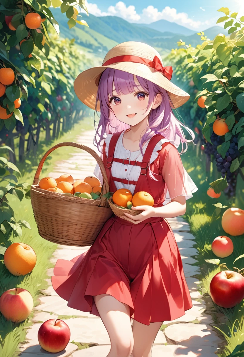 Highest quality、High resolution、Detailed Background、Beautiful face in every detail、Teenage beauty、Highly detailed face、
Light color hair、cute髪型、Fun atmosphere、A big smile、Apple、mandarin orange、peach、Grape、On top of a hill with a blue sky、wood々The sunlight shines through、I found some ripe red fruit.、Holding hands with friends、wood登りして高い枝から、甘い香りのGrapeを摘む、
A fun time filled with smiles、Summer memories: Fruit picking、Under the blue sky、Run around、Apple、mandarin orange、peachを集めた、I had a great time、A memorable summer day、
A flared dress made of lightweight material、Flared skirts and culottes、Flat or sports sandals、sneakers、Caps and hats that are easy to crush、The color is red, reminiscent of fruit.、yellow、orange、Green etc.、cute