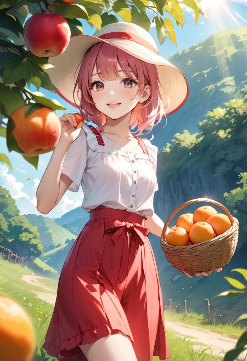 Highest quality、High resolution、Detailed Background、Beautiful face in every detail、age beauty、Highly detailed face、
Light color hair、cute髪型、Fun atmosphere、A big smile、Apple、mandarin orange、peach、Grape、On top of a hill with a blue sky、wood々The sunlight shines through、I found some ripe red fruit.、Holding hands with friends、wood登りして高い枝から、甘い香りのGrapeを摘む、
A fun time filled with smiles、Summer memories: Fruit picking、Under the blue sky、Run around、Apple、mandarin orange、peachを集めた、I had a great time、A memorable summer day、
A flared dress made of lightweight material、Flared skirts and culottes、Flat or sports sandals、sneakers、Caps and hats that are easy to crush、The color is red, reminiscent of fruit.、yellow、orange、Green etc.、cute