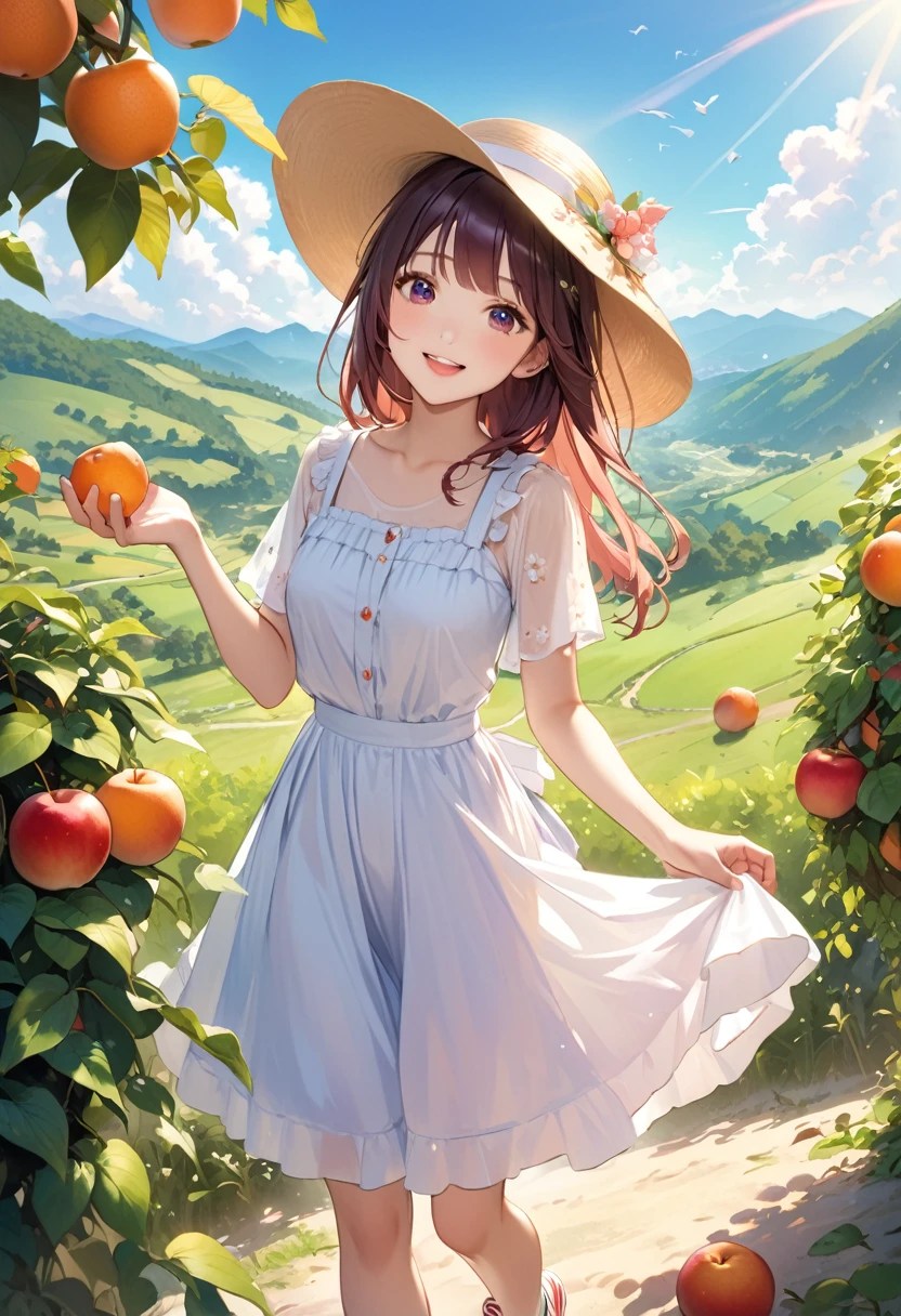 Highest quality、High resolution、Detailed Background、Beautiful face in every detail、age beauty、Highly detailed face、
Light color hair、cute髪型、Fun atmosphere、A big smile、Apple、mandarin orange、peach、Grape、On top of a hill with a blue sky、wood々The sunlight shines through、I found some ripe red fruit.、Holding hands with friends、wood登りして高い枝から、甘い香りのGrapeを摘む、
A fun time filled with smiles、Summer memories: Fruit picking、Under the blue sky、Run around、Apple、mandarin orange、peachを集めた、I had a great time、A memorable summer day、
A flared dress made of lightweight material、Flared skirts and culottes、Flat or sports sandals、sneakers、Caps and hats that are easy to crush、The color is red, reminiscent of fruit.、yellow、orange、Green etc.、cute