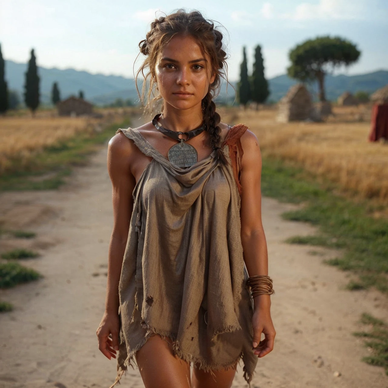 Ancient Roman villa 1st century BC.e. south of Italy, rural hinterland, summer heat, young women and girls from conquered barbarian tribes,slaves working in the field, sweat streaming down their tanned bodies, dirty, not washed for a long time, sweaty dressed in pathetic sackcloth rags barely covering their hips and ass, with huge cleavage revealing a woman's breasts, bare, sweaty, unwashed hair carelessly cut and tied in a ponytail or braided into a short braid, beautiful but exhausted by hard labor faces, stupefied from work, iron collars in the form of a riveted hoop around their necks, slave brands in the form of Latin letters "S" or "F" on their hips and shoulders, beaten and intimidated resigned to his fate.Hyperrealism, real photo, many details of costume, metal, fabric