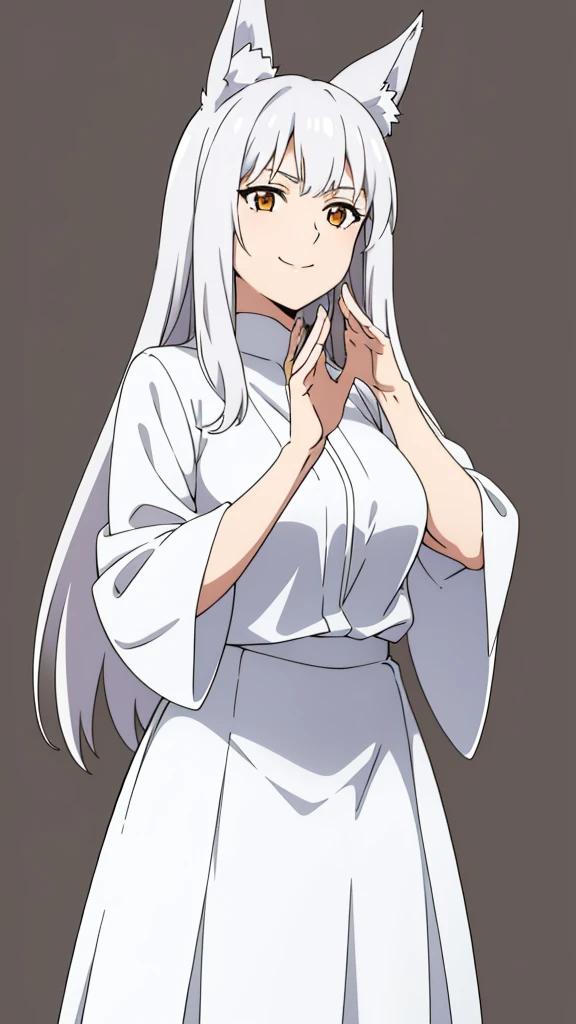 1girl ,solo,20s,mature female,white hair,long hair,fox ears,(simple background),white shirt,white skirt,ojou-sama pose,smile