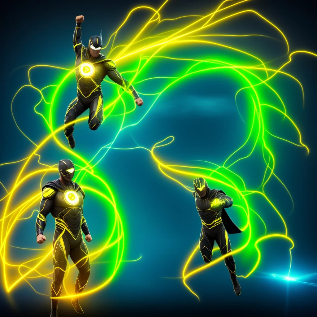 a computer science superhero, flying, with thunder and lightning powers, bright yellow glowing energy