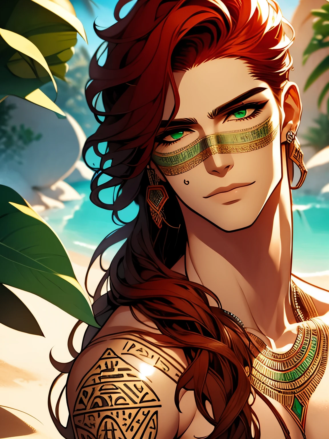 Seth is an Egyptian deity. long wavy red hair, Mesh clothing. silver jewellery. rune tattoo, Many jewels. light skin. Desert. green eyes. Rotes Make Up. boy. erotic. Sand. Kleiner boy. portrait,