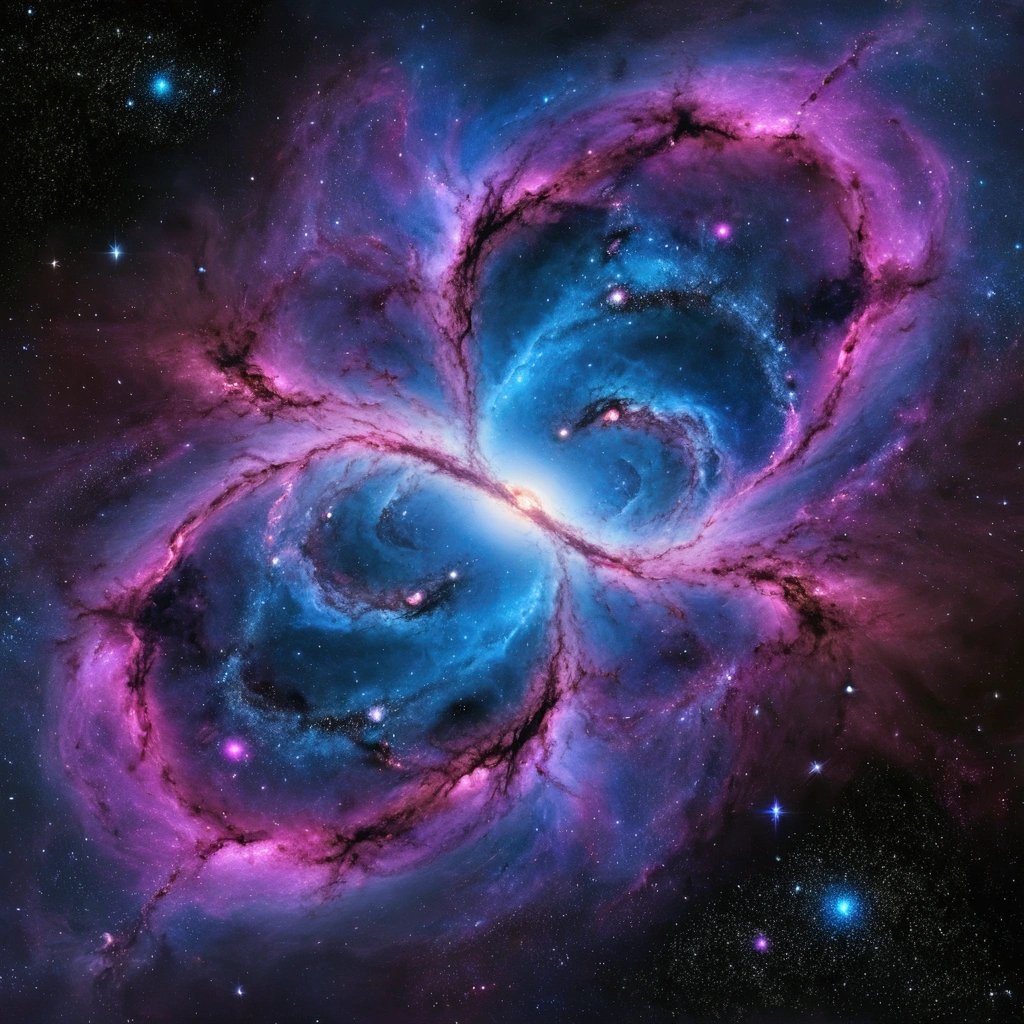 imagem arafada de uma nebula espacial com fundo azul e roxo, nebula, Space quantum death. Deep space, portrait of a cosmic entity, heat death of the universe, psychedelic cosmic terror, surreal space, end of the universe, cosmic horror style, Scenario, paisaje
