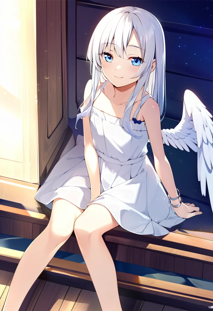 one girl, archangel, angel wing, angel ring, sacred, cute, naive, sitting, , beautiful, light blue eyes, white dress, white hair, smile gently at me, thighs