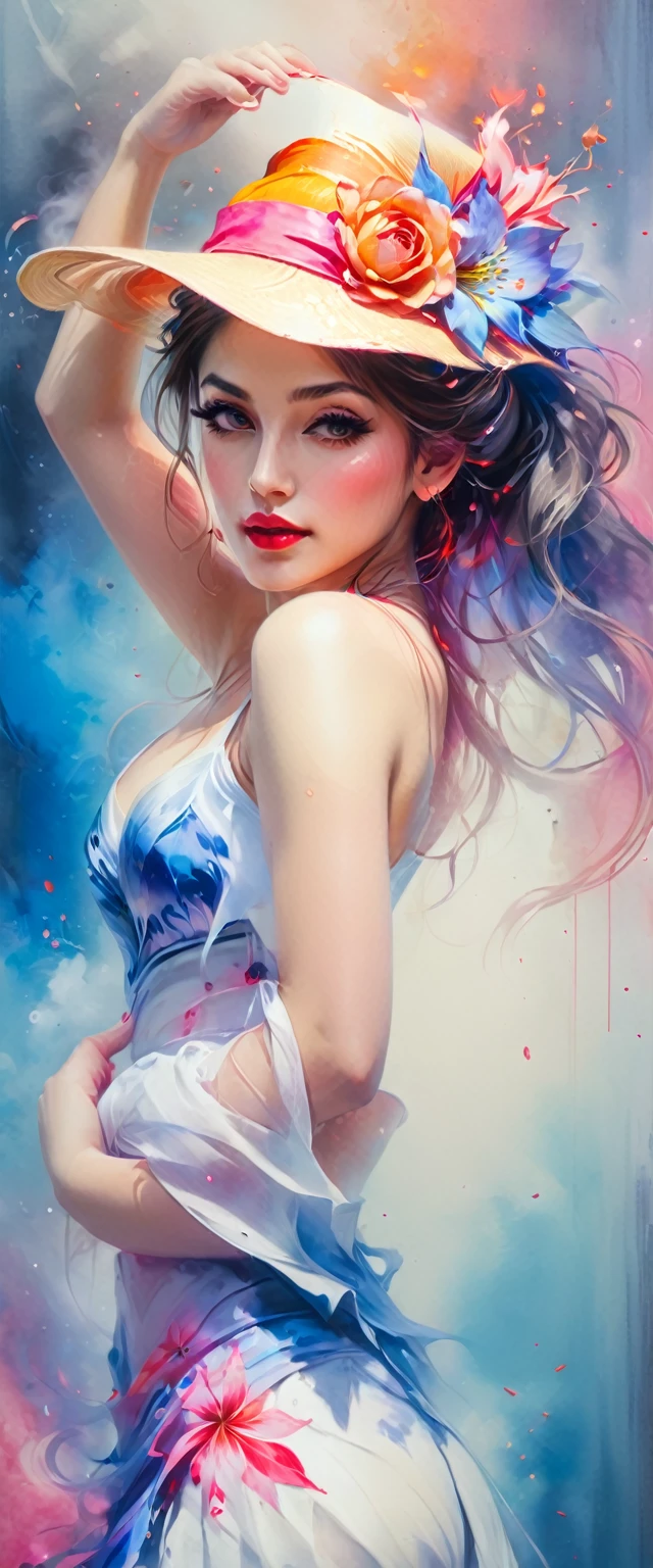 (best quality, 4k, 8k, high resolution, masterpiece: 1.2), ultra-detailed, (realistic, photorealistic, photorealistic: 1.37), beautiful detailed eyes, full lips, expressive face, 1 girl, long hair and wavy, hat with flower, flawless porcelain skin, seductive look, captivating look, revealing and tight clothing, bright and vibrant colors, dynamic lighting, shadows and highlights, fire and smoke background, vibrant shades of red and orange, art style of anime, focus on the character Mai Shiranui, sexy and confident pose, sensuality, energy, intensity
